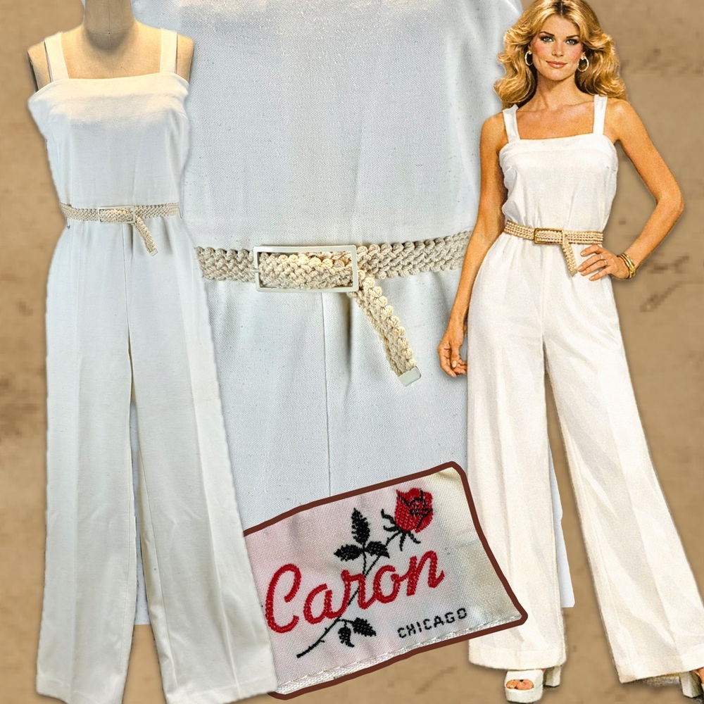 VINTAGE 70s pant suit‎ one piece jumpsuit wide leg bellbottom belted waist 60s